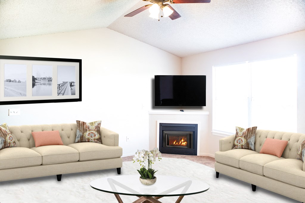 a living room with couches and a table and a fireplace