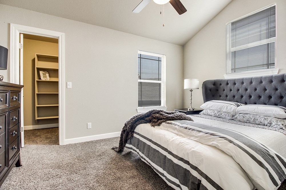 a bedroom with a bed and a closet