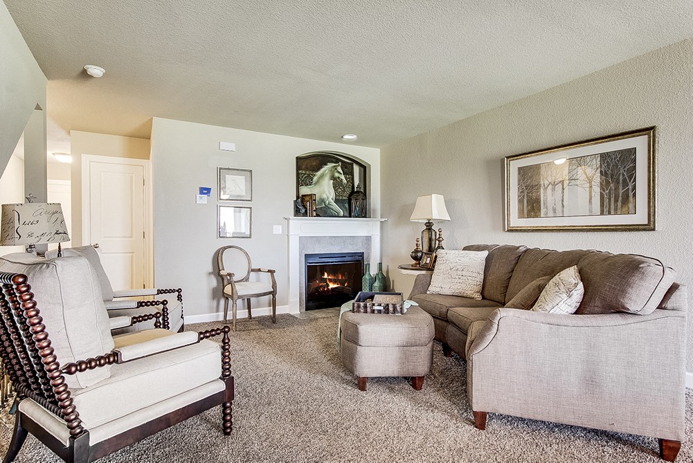 a living room with a couch and chairs and a fireplace