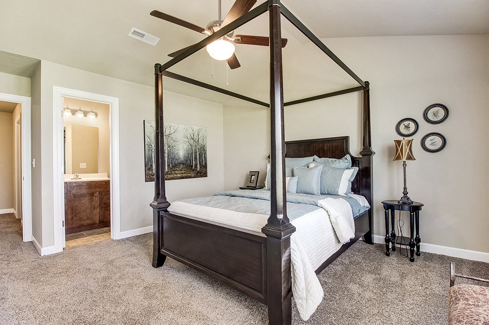 the master bedroom has a four poster bed and a bathroom