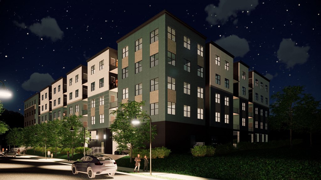 an artist s rendering of an apartment building at night