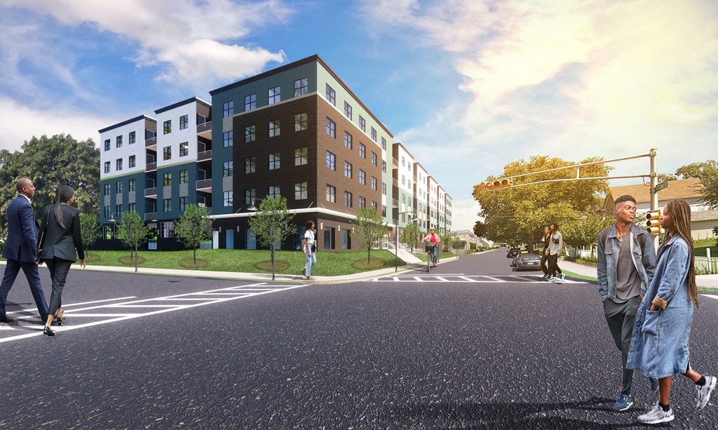 a rendering of a building on a street with people crossing the street