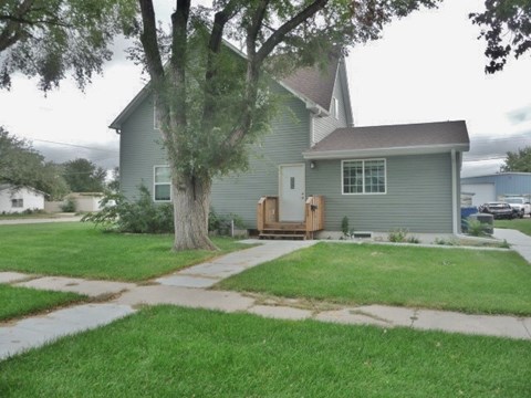 a green house with a yard and a tree