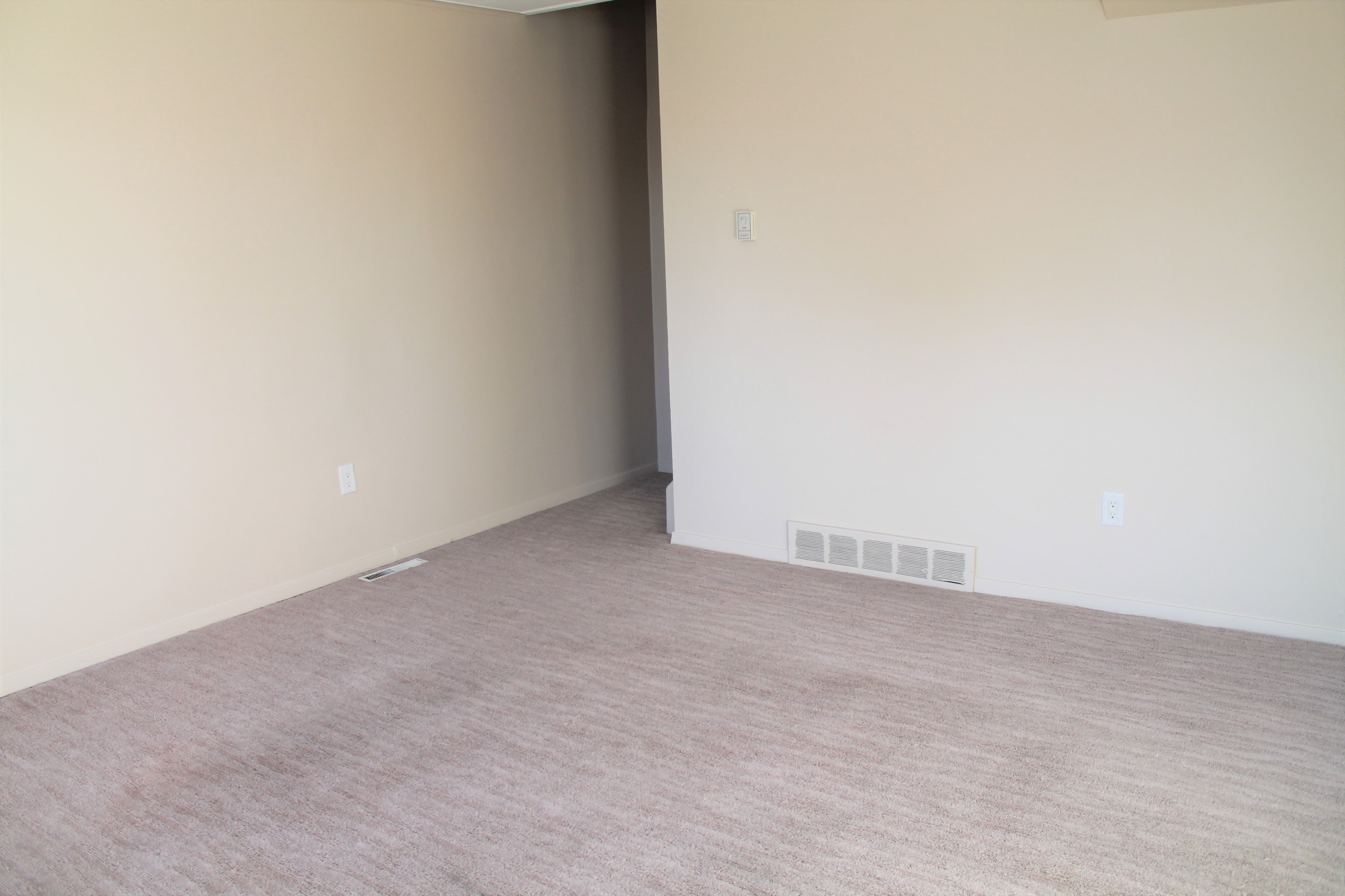 an empty room with a white wall and a carpet