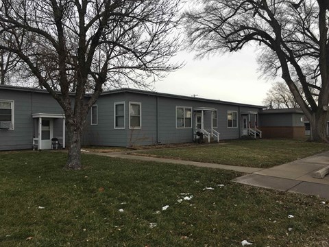 a blue mobile home in a yard with trees