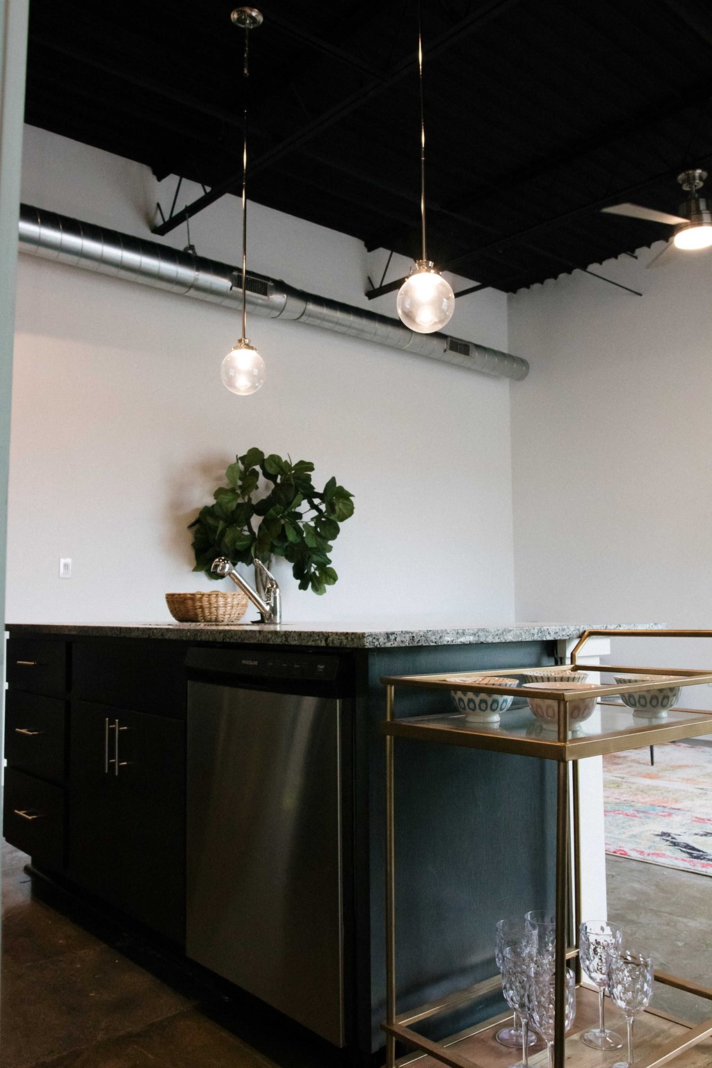 a kitchen with a counter top and a plant