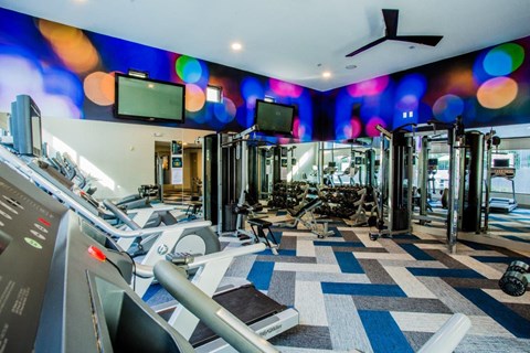 A gym with a variety of equipment including treadmills, weights, and exercise machines.