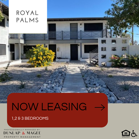 A building with the text "ROYAL PALMS" on the top left corner and "NOW LEASING" on a red banner in the center.