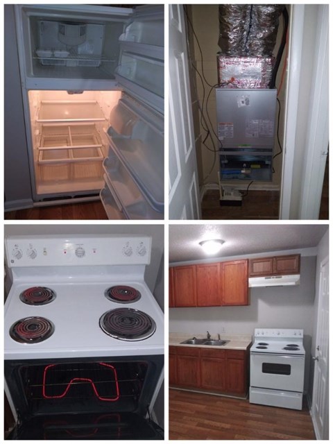 four pictures of a kitchen with a stove and a refrigerator