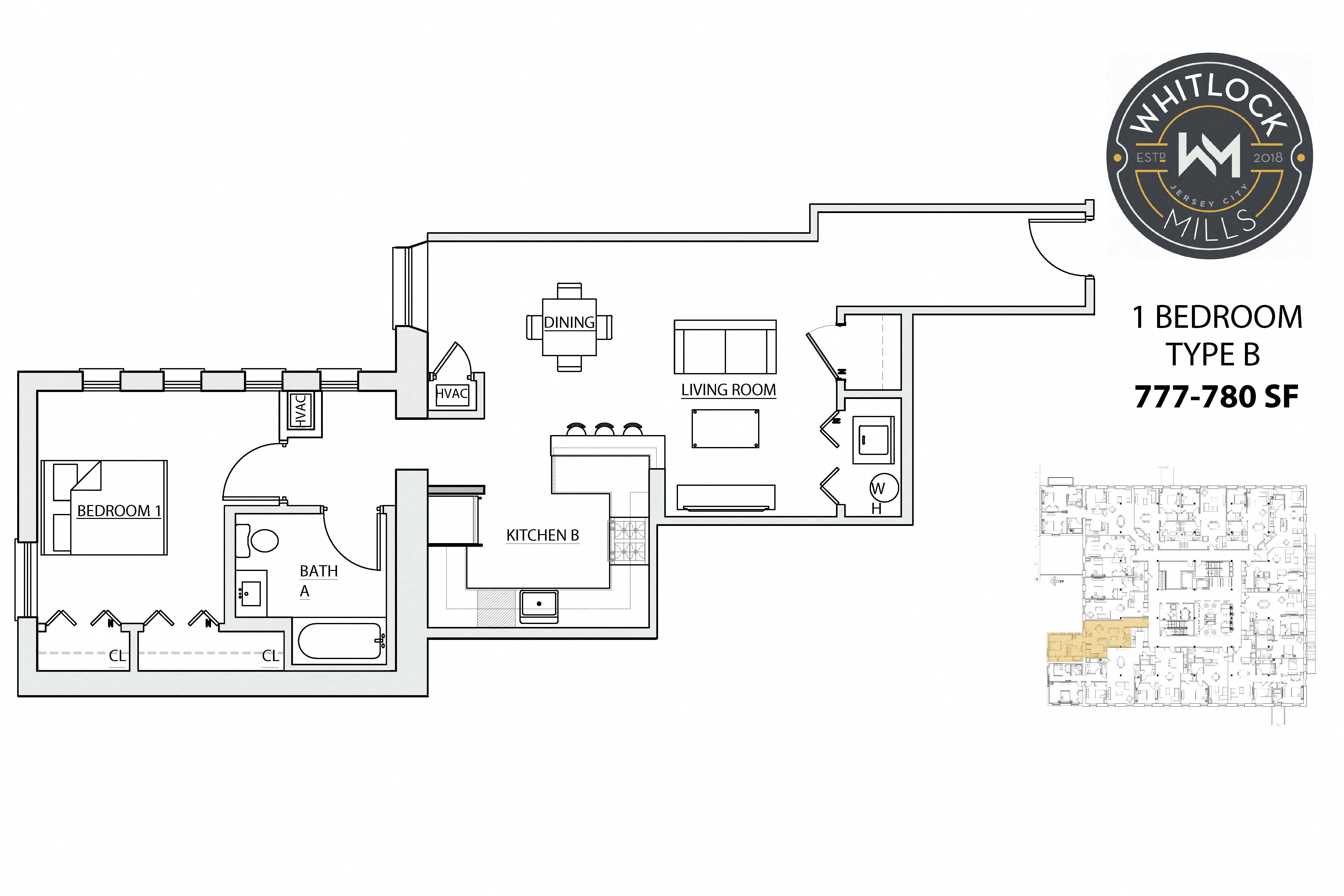 One bedroom one bath floor plan unit type B