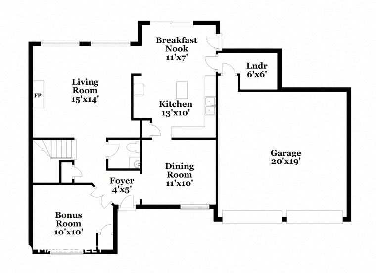 a floor plan of a house with bedrooms and a garage