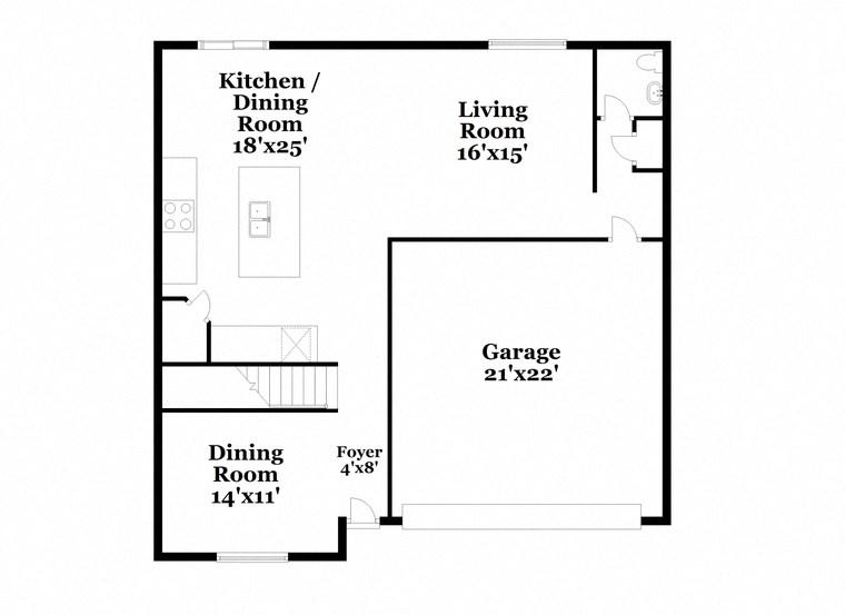 a floor plan of a home with a small kitchen and a living room