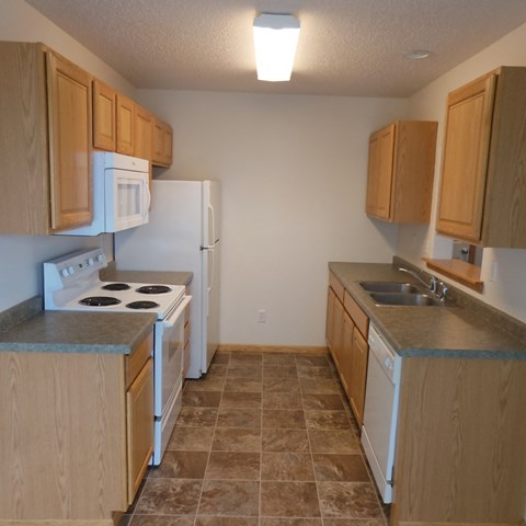 an empty kitchen with a stove refrigerator and sink