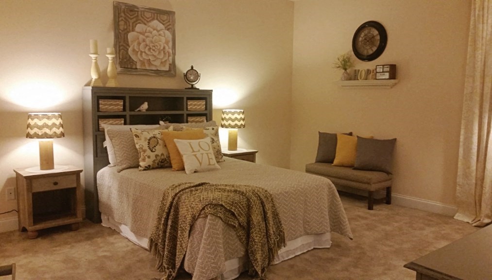 a bedroom with a bed and a chair and a dresser