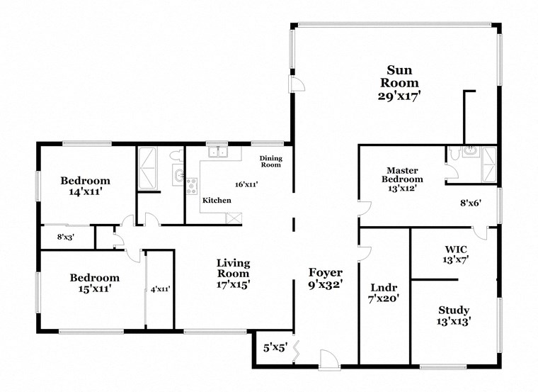 the floor plan of the house has bedrooms and a sun room