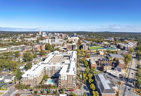 A cityscape with buildings and a clear sky.