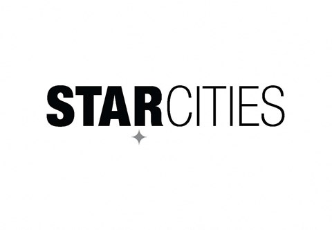 A black and white image of the word "STARCITIES" with a small star symbol.