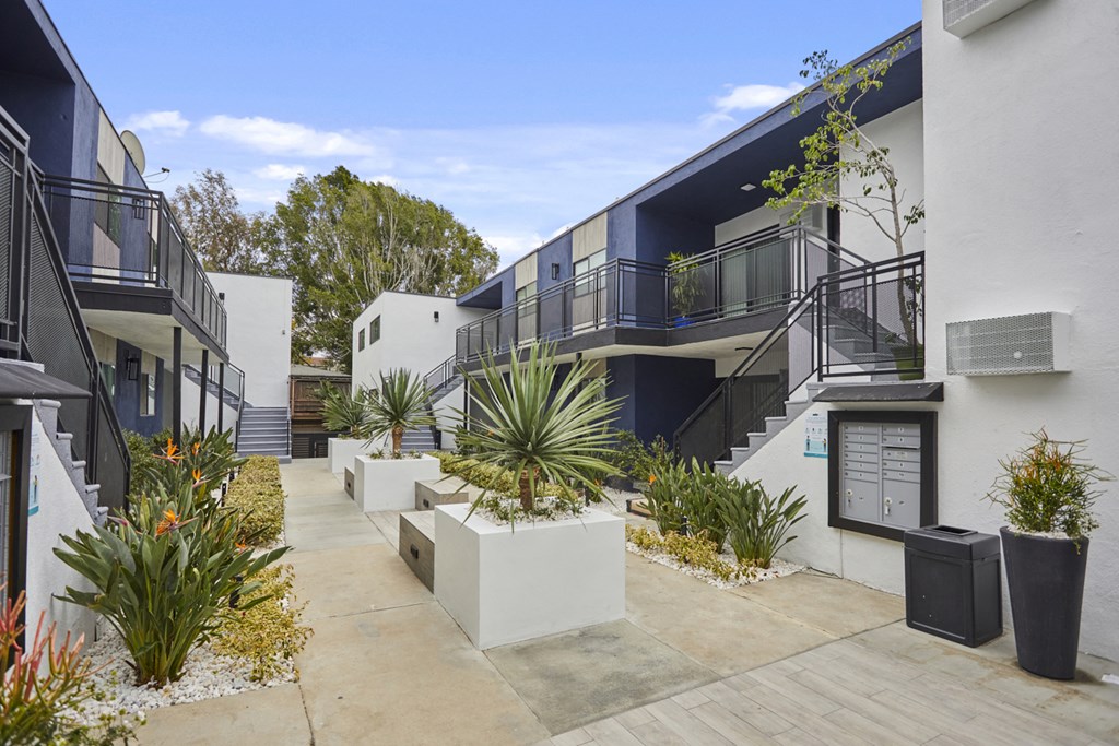 Courtyard with steps leading up into units