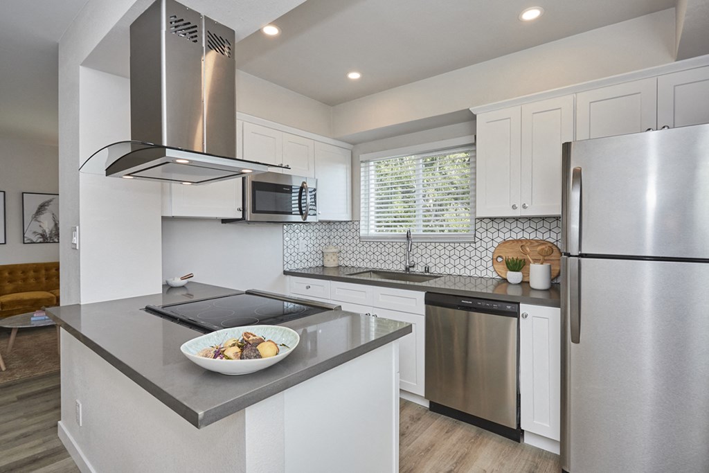 Kitchen with modern appliances and window over sink