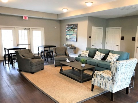 A living room with a grey couch, a coffee table, and a rug.