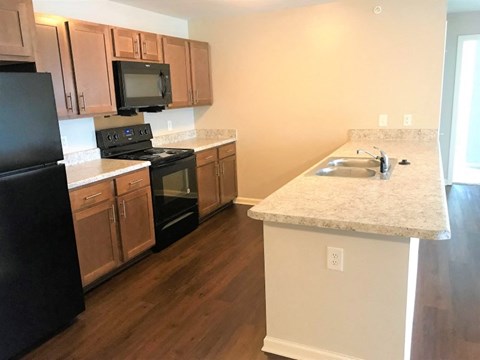 A kitchen with black appliances and wooden cabinets.