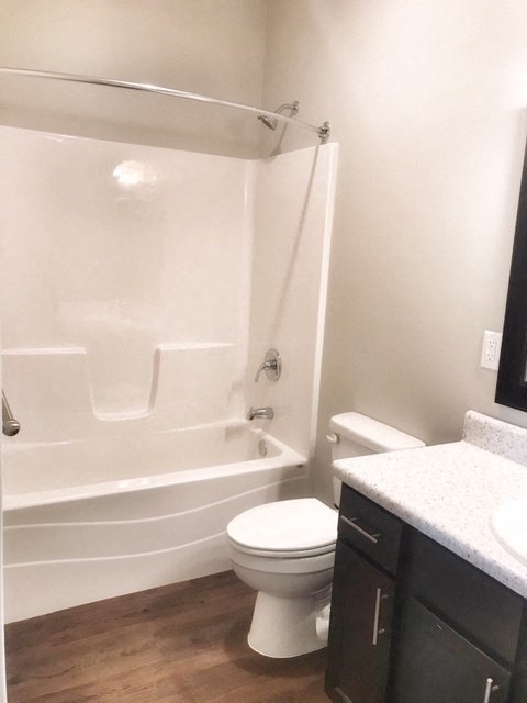 a bathroom with a toilet and a tub and a sink