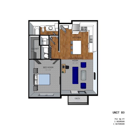 A diagram of a floor plan for a unit labeled B3.
