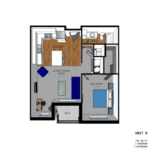 A floor plan of a 743 square foot apartment with one bedroom and one bathroom.