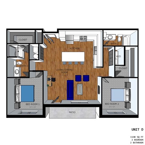 A floor plan of a small apartment with two bedrooms, a living room, a kitchen, a bathroom, and a closet.