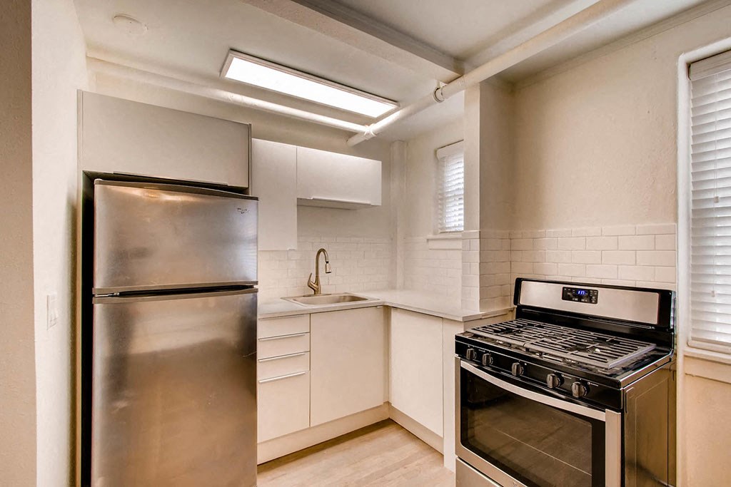 a kitchen with a stove and refrigerator and a sink