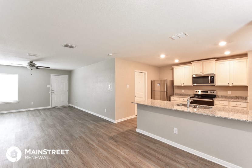 the kitchen and living room of an open floor plan