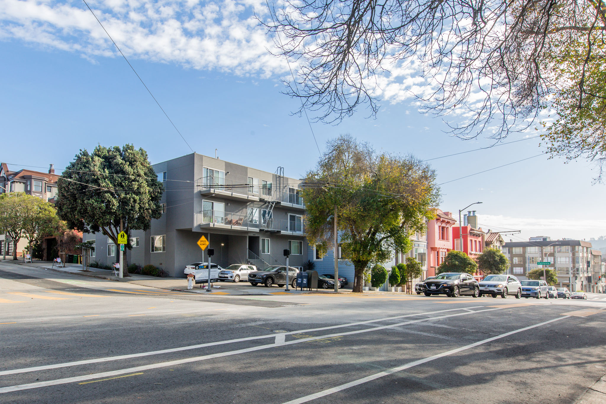 A street view of a residential area with cars parked on the side of the road.