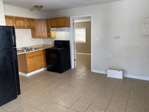 a kitchen with a black refrigerator and a sink