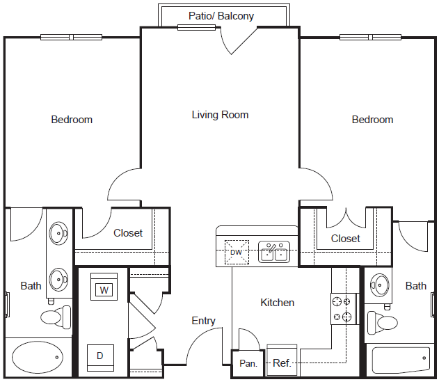 B1 - Roommate style, 2 bed, 2 bath, 923 square feet