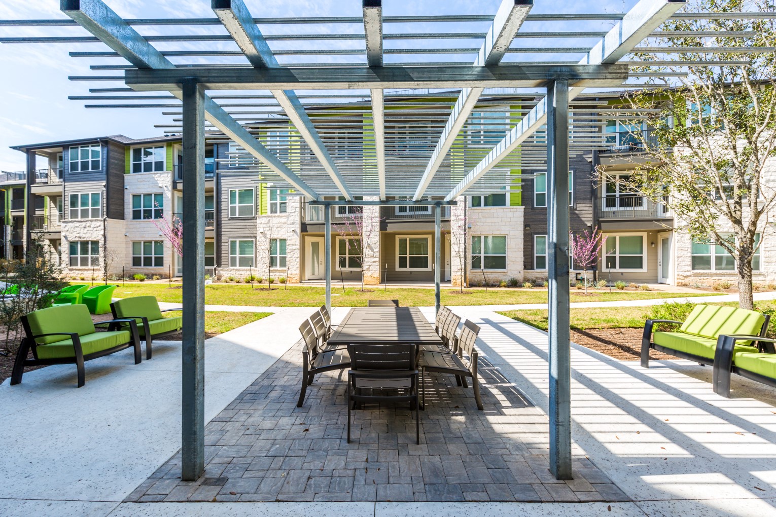 Outdoor gazebo with dinning table-style seating