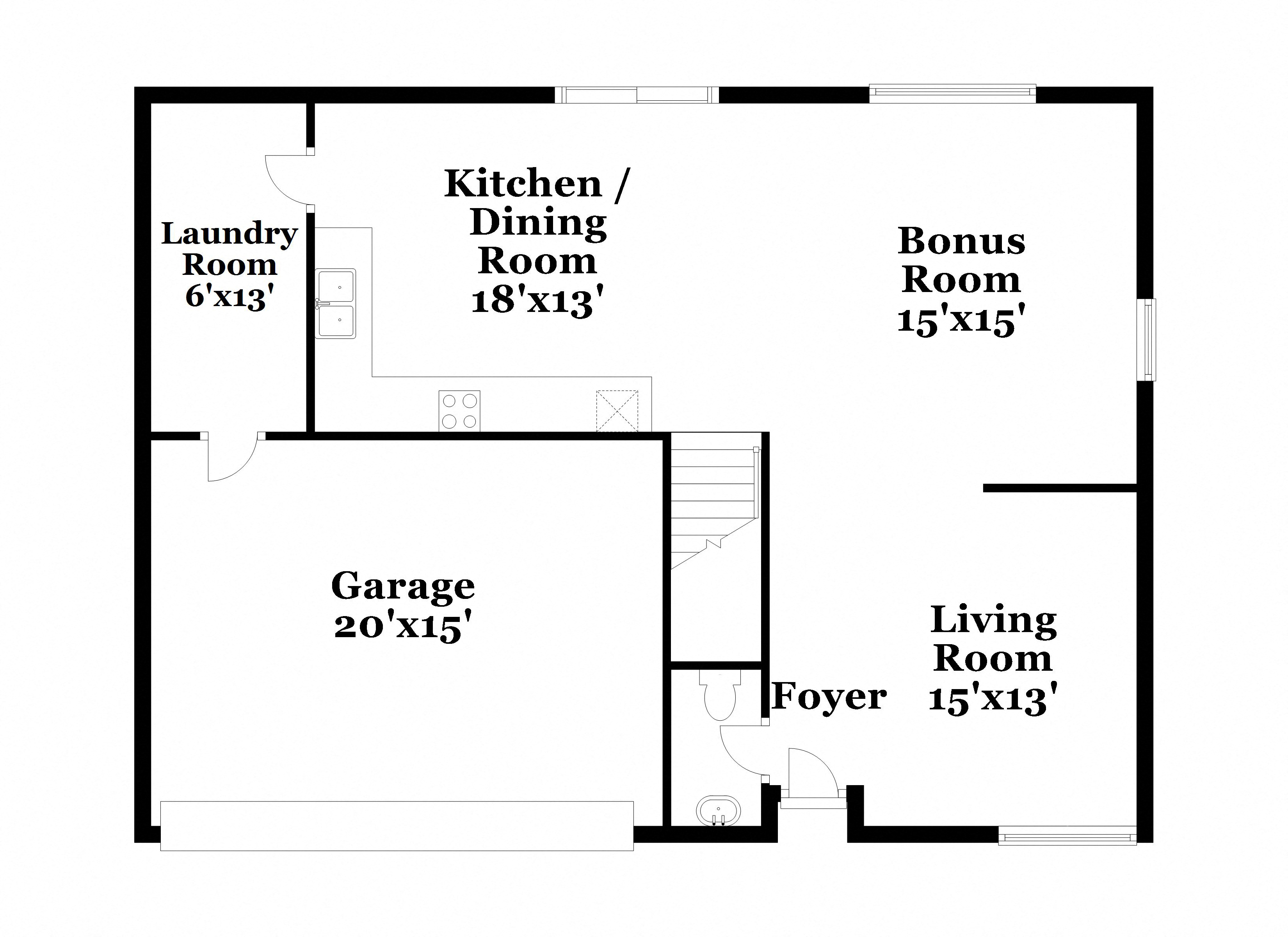 a floor plan of a house with a garage and a kitchen and a living room