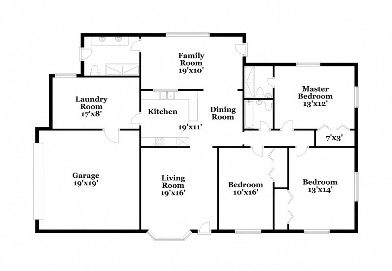a floor plan of a house with two bedrooms and a living room and a kitchen