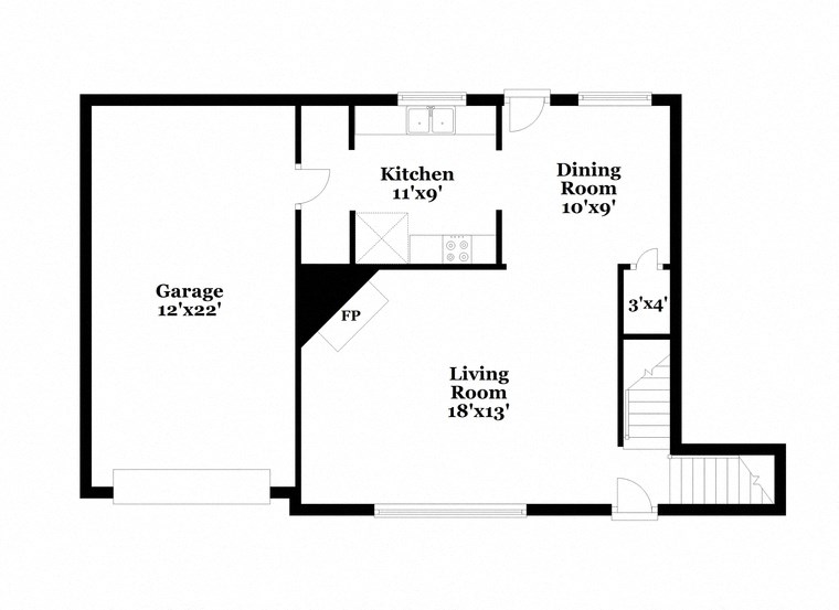a floor plan of a home with a small kitchen and a living room