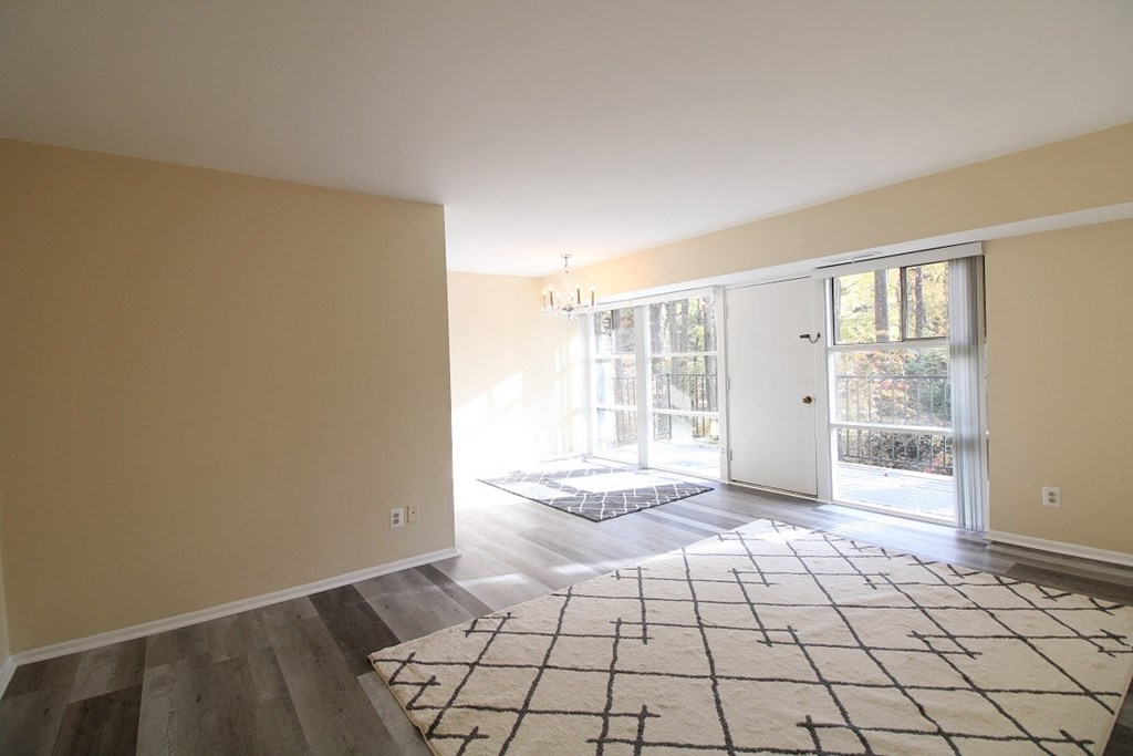 an empty living room with a rug and a sliding glass door