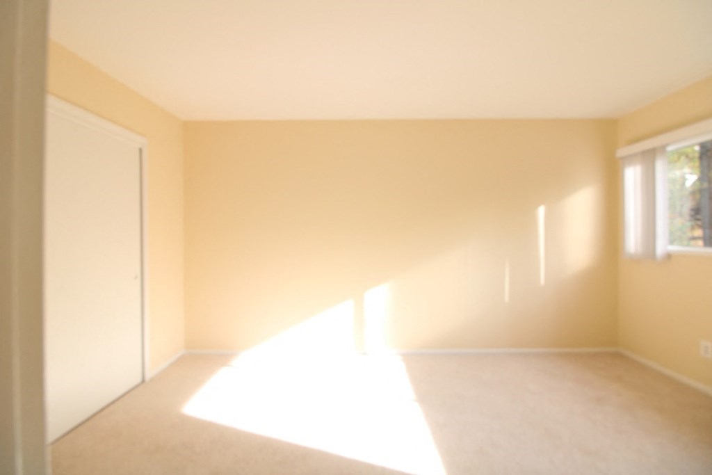 an empty living room with the sun shining through the window