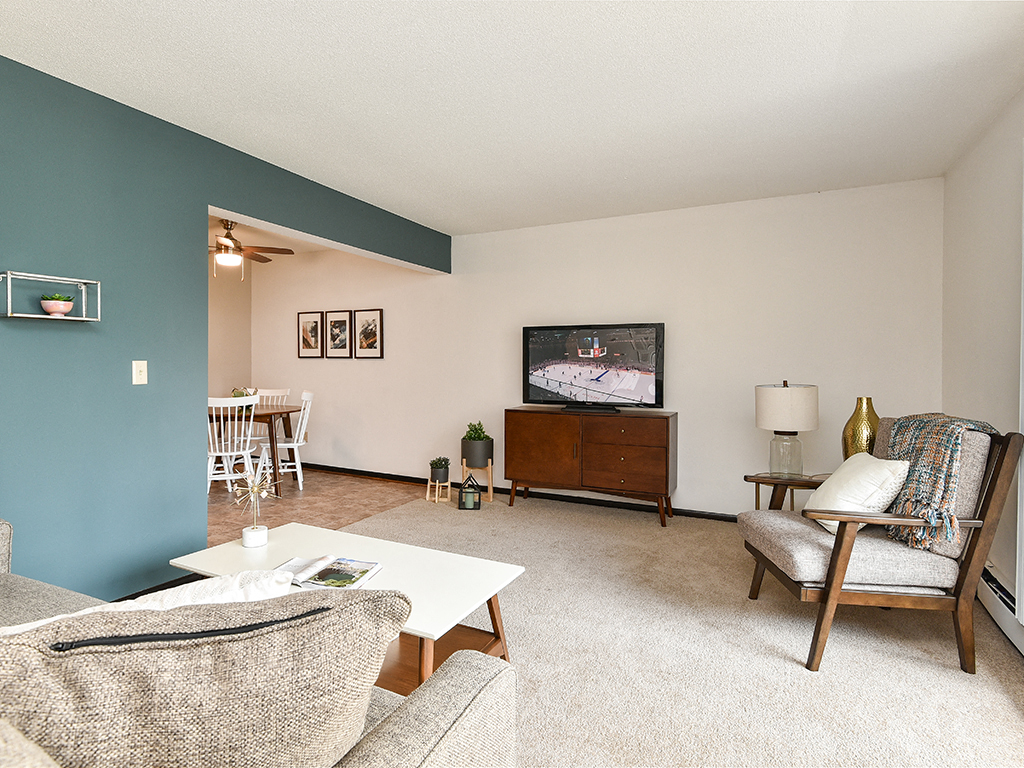 a living room with a couch and chairs and a tv
