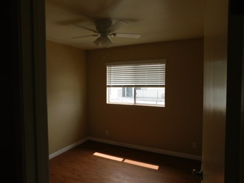 A room with a ceiling fan and a window with blinds.
