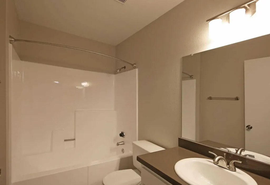 a bathroom with a sink and a toilet and a shower