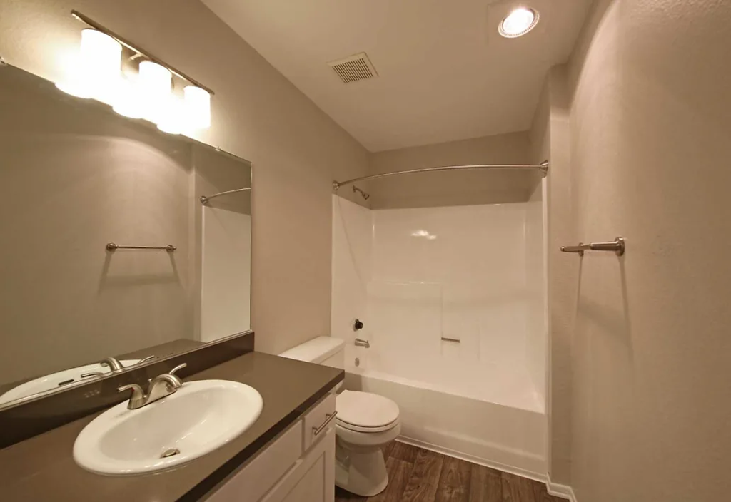 a bathroom with a sink and a toilet and a shower
