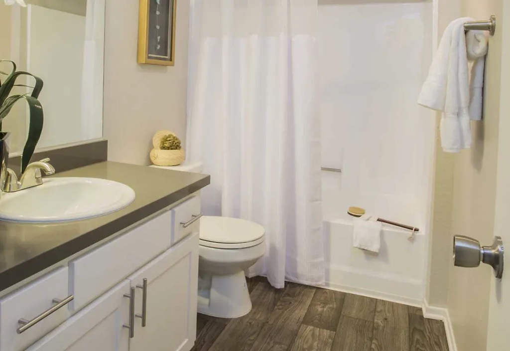 a bathroom with a shower and a toilet and a sink