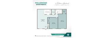 2 Bedroom / 1 Bath Floor Plan A at Willowood Apartments, Eastlake