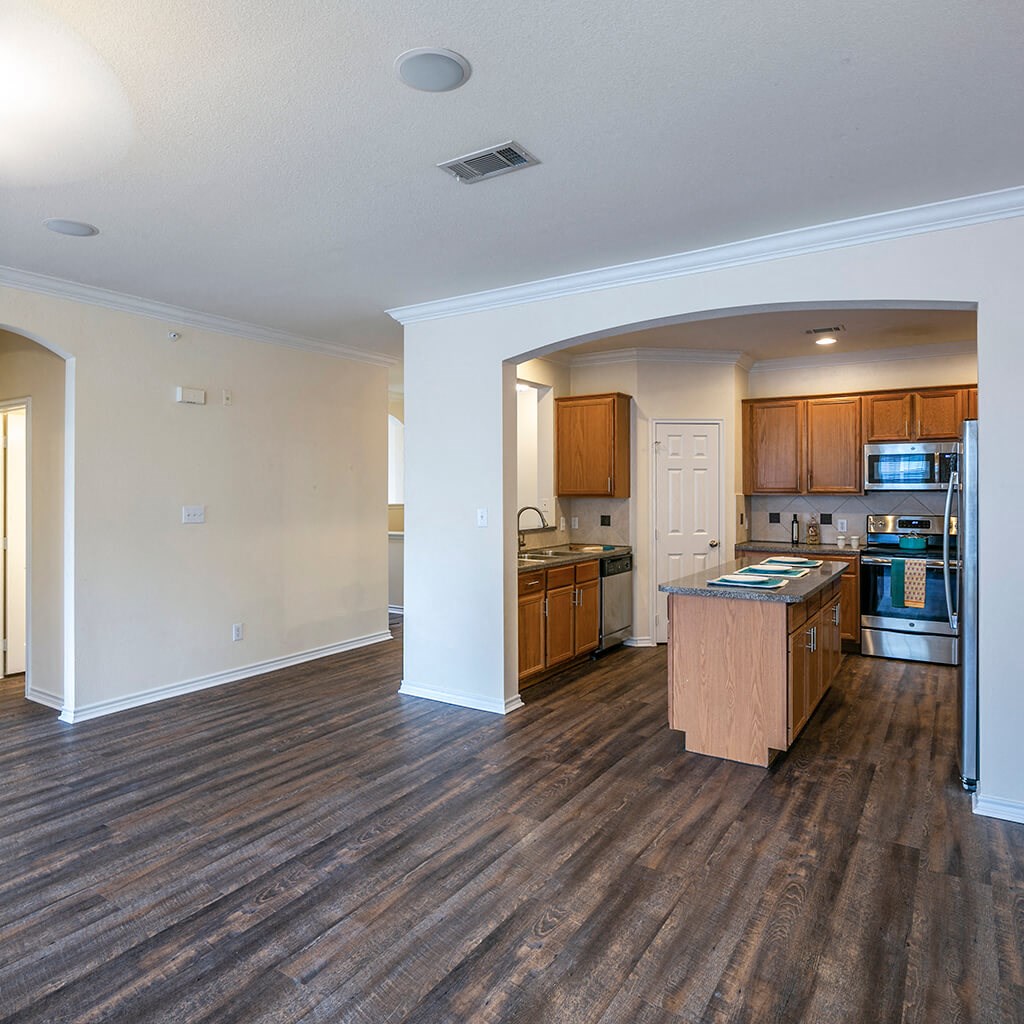 Mini Model Dining Room and Kitchen at The Dominion Apartments in Conroe TX