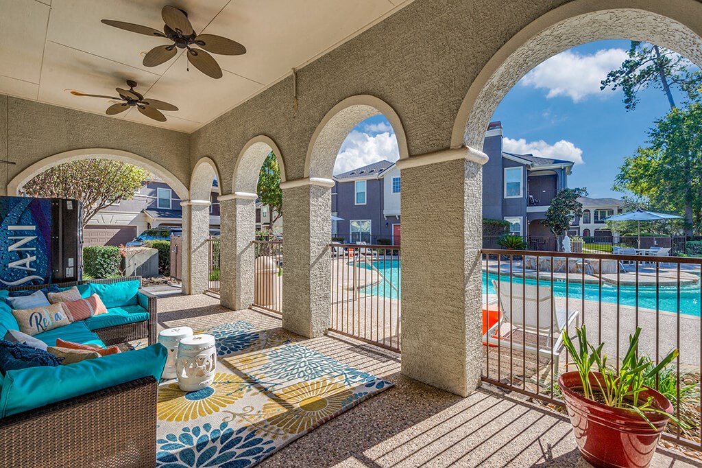 Pool Patio at The Dominion Apartments in Conroe TX