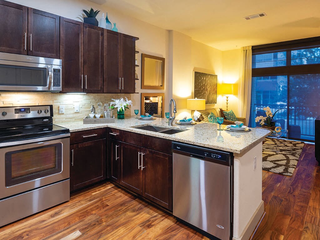 Kitchen and living space at Block 334 Apartments
