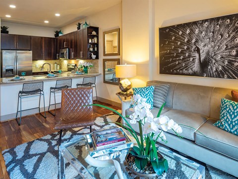 a living room with a couch and a table